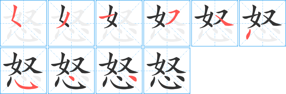 怒的筆順?lè)植窖菔?>
					
                    <hr />
                    <h2>怒的基本信息</h2>
                    <div   id=